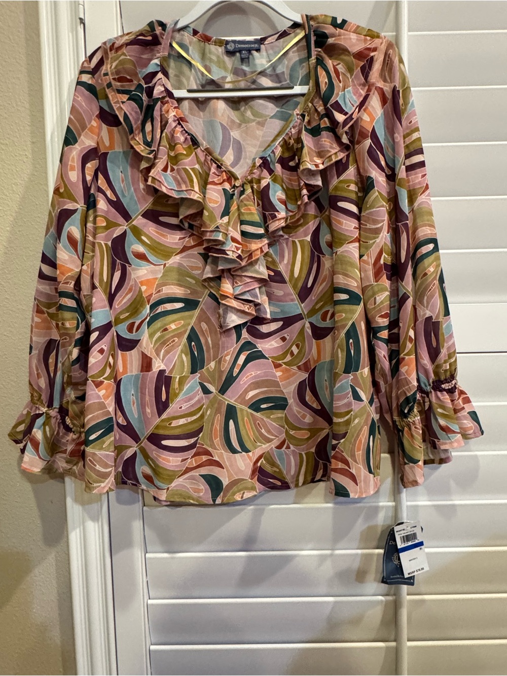 Democracy Ruffle V-Neck Printed Blouse - Pink Multi